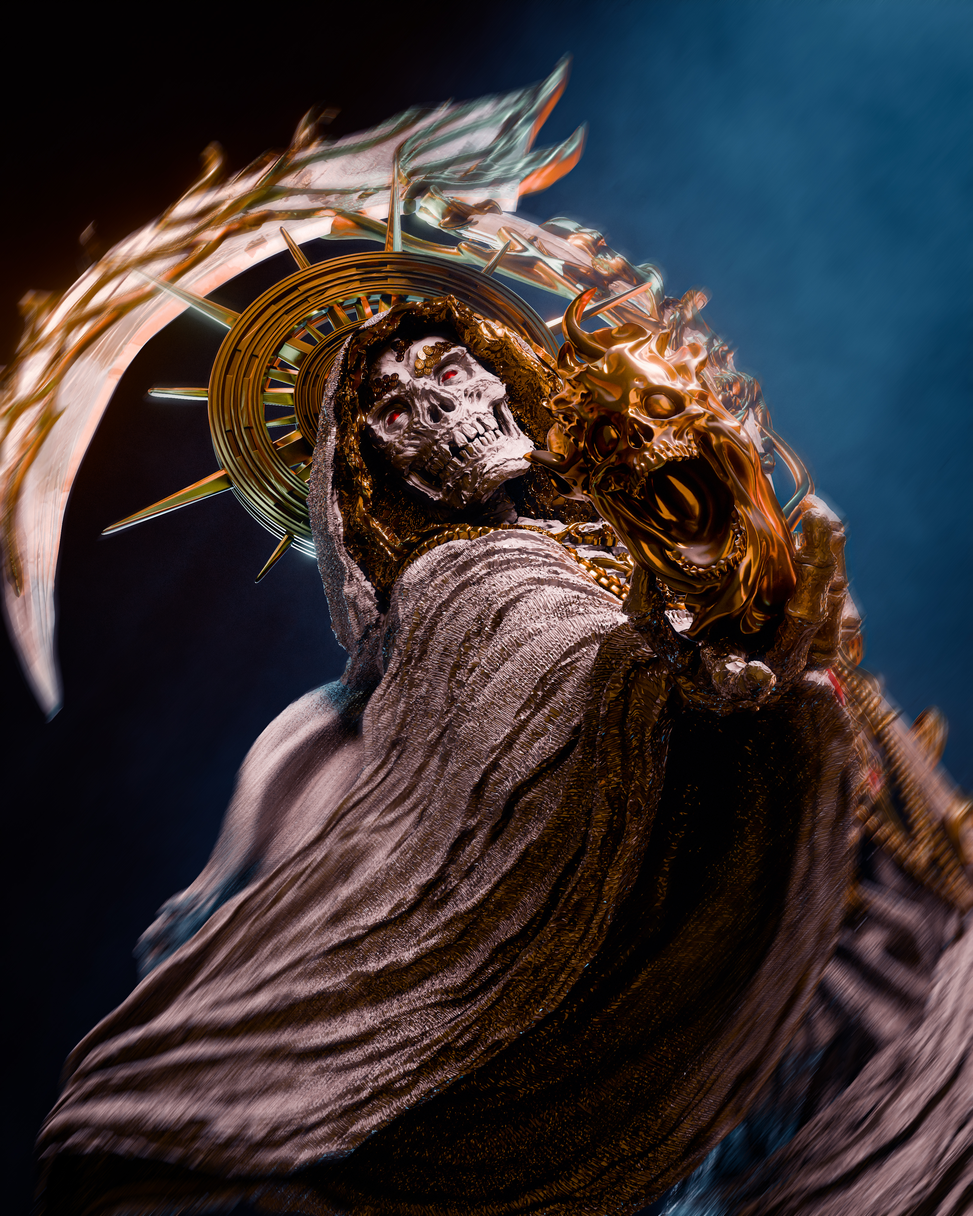Escultura Grim Reaper, com caveira, manto e ornamentos dourados